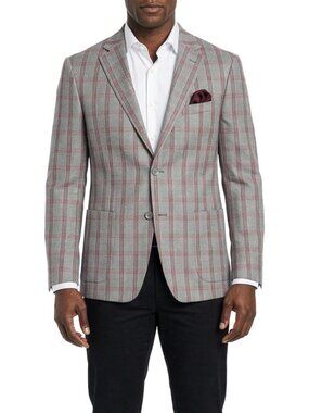 Grey / Burgundy Windowpane Plaid Notch Lapel Stacy Adams Men's Jacket